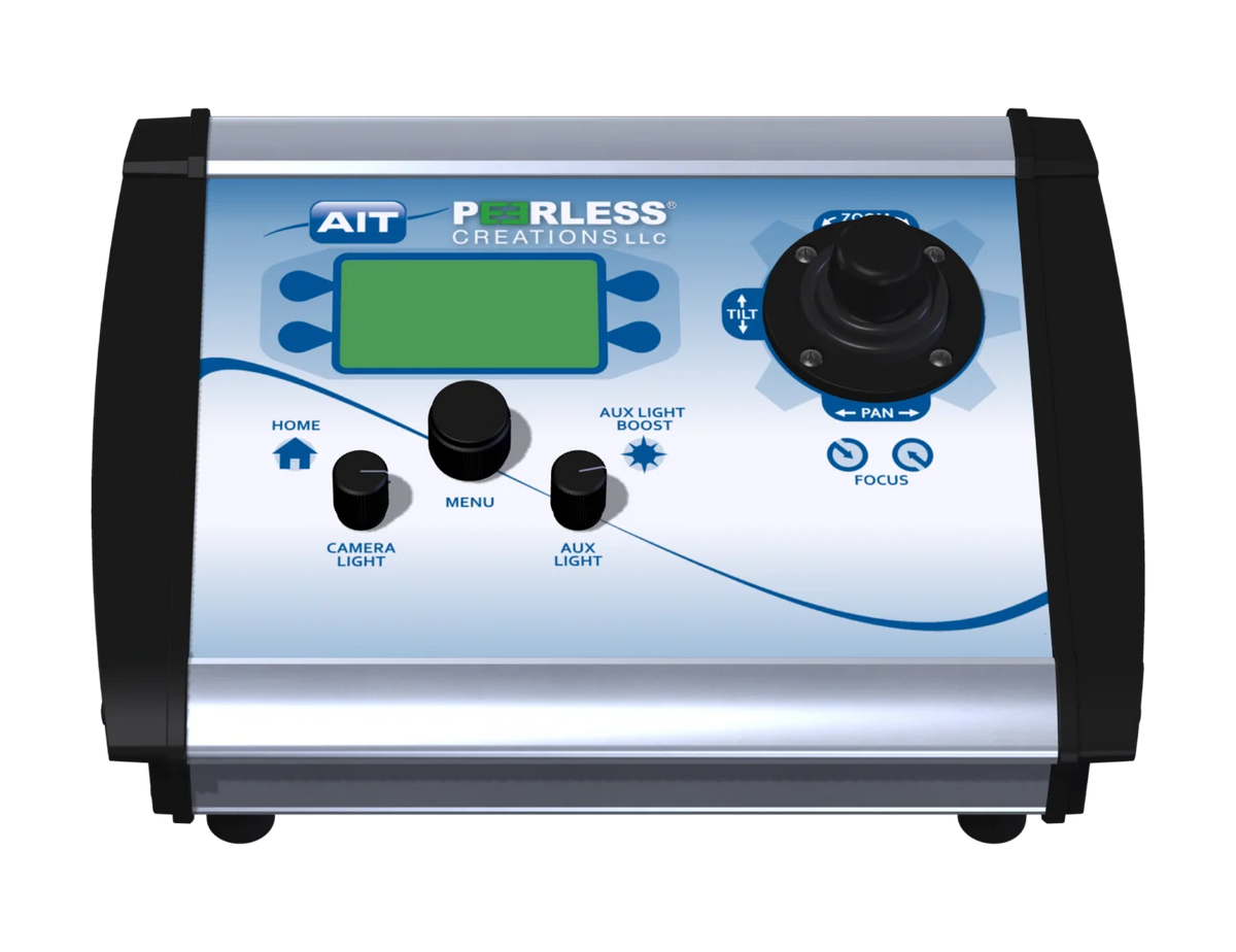 PTZ series portable camera control unit with joystick, camera light, menu, and aux light controls