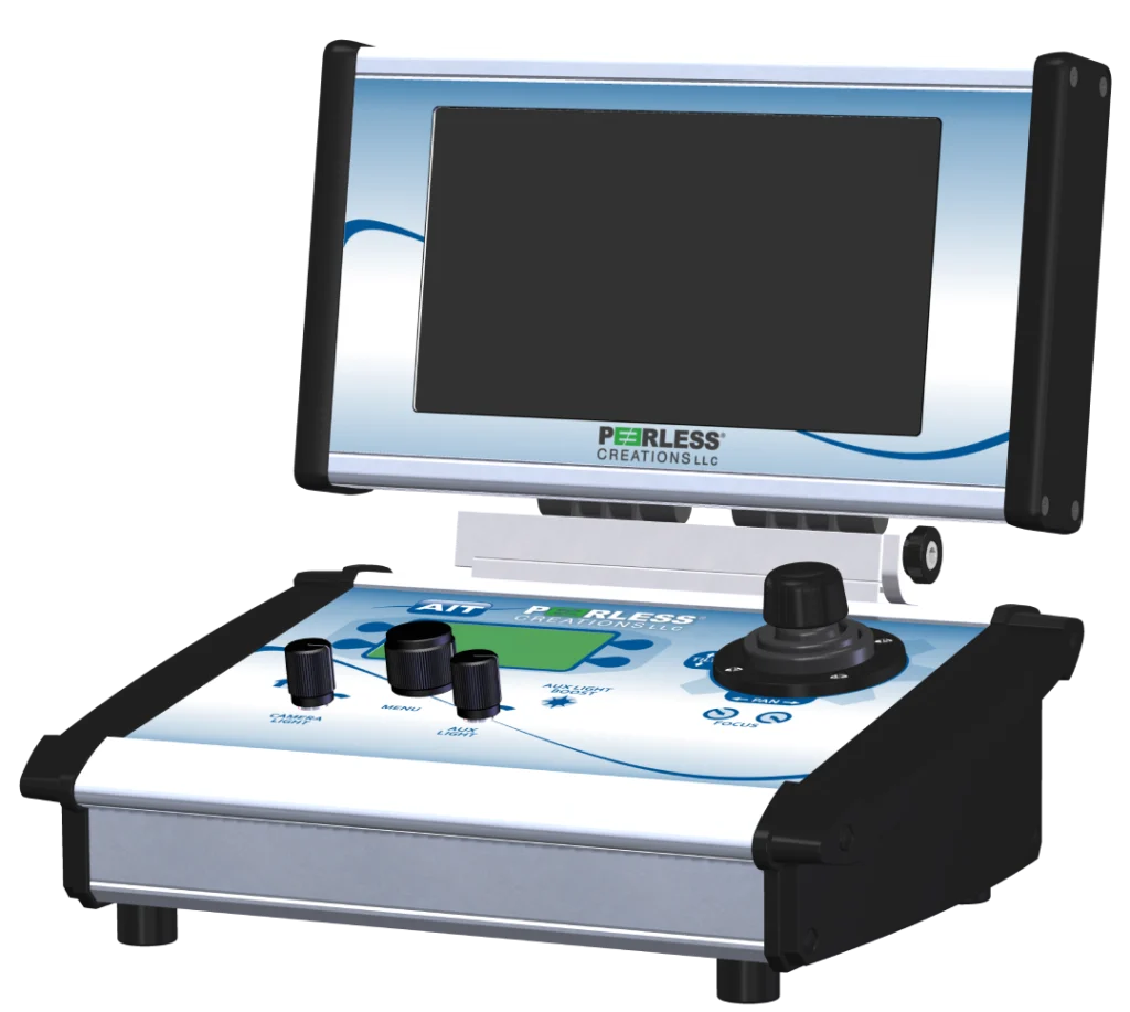 PTZ series control console with integrated fold-up monitor and joystick