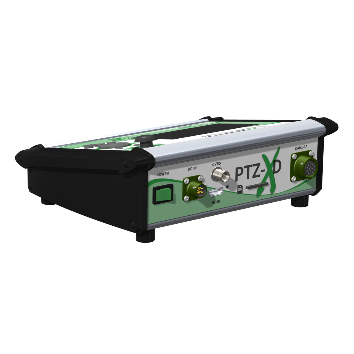 PTZ-XD Series controller rear panel with power switch, DC in, HDMI and CVBS video outputs, SD card slot and locking camera connector