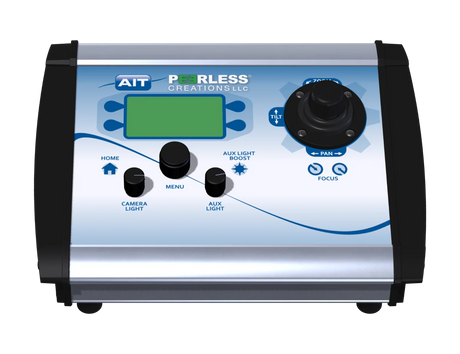 PTZ series portable camera control unit with joystick, camera light, menu, and aux light controls