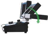 PTZ series controller showing fold-up monitor tilt adjustment range
