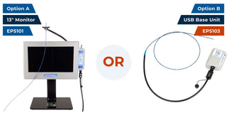 EndoInspect Option A 13-inch monitor EP5101 or Option B USB base unit EP5103 side by side with OR between them on white background.