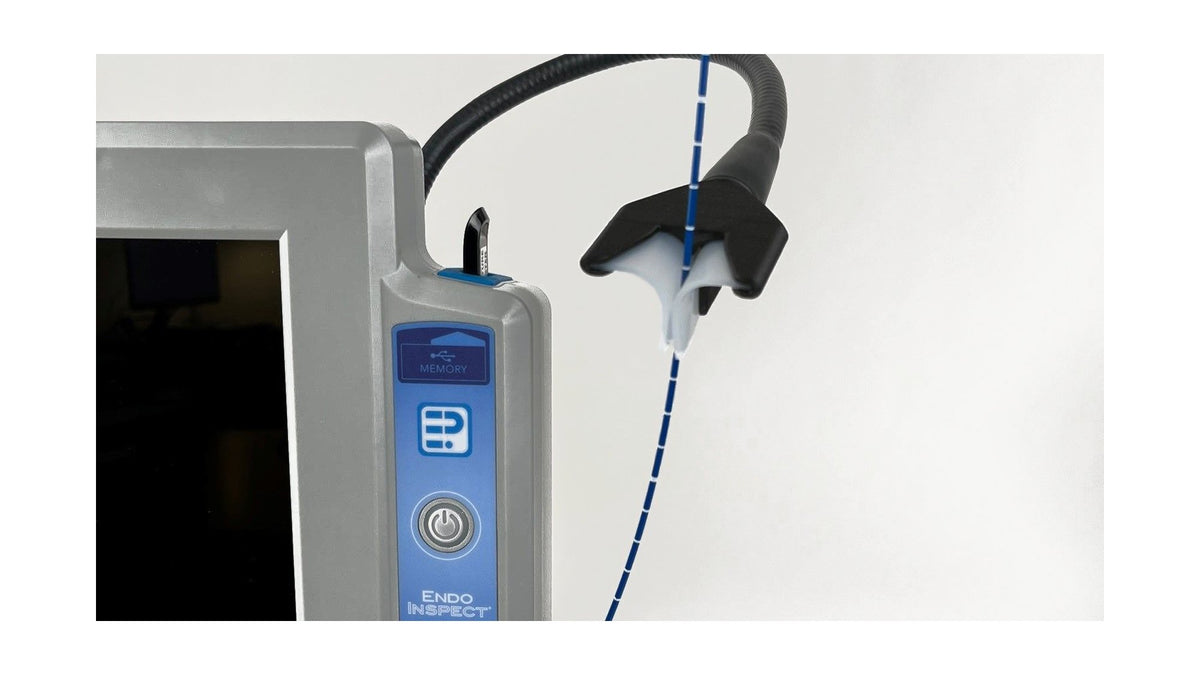 EndoInspect gooseneck scope holder on 13-inch monitor side panel with insertion tube and USB memory on white background.